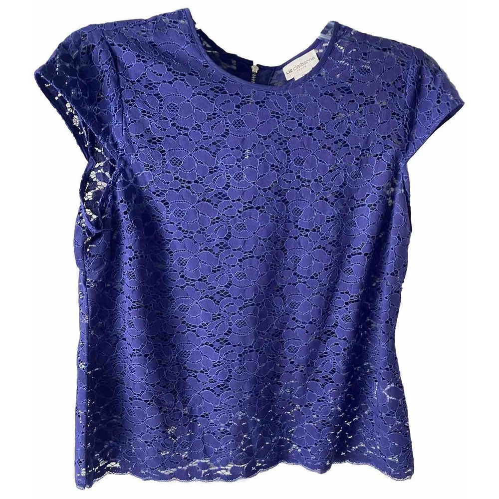 Lace Blouse cap SL  Liz Claiborne PM  Blue  Coquette Corporate Layer Going Out - Picture 5 of 12